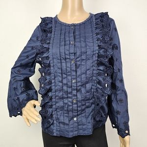 J. Crew Blouse Navy Cotton Eyelet Ruffle Button Blouse Sz 4    Boho Cottagecore